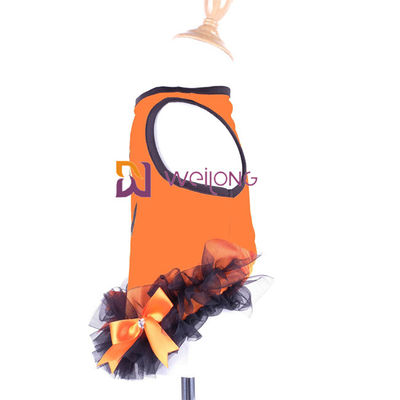 Satin Ribbon Bow Halloween Pet Dress Round Neck Design Pumpkin Dog Dress