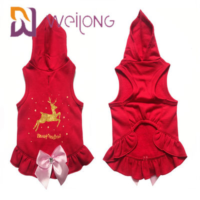 Satin Bow Printed Golden Deer Dog Winter Coat Red Christmas Hoodie For Dogs cats
